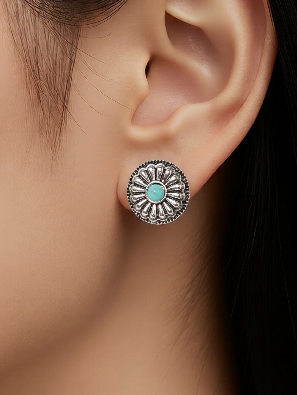 SilverโFlower Concho Earrings Turquoise Center Western Stud Rodeo Chic Cowgirl